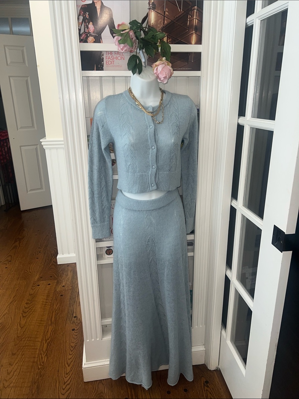 Zara Pale Blue Cable-Knit Maxi Skirt Set